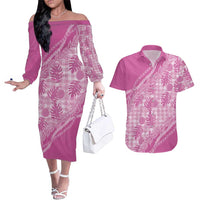 Hawaii Breadfruit Palaka Couples Matching Off The Shoulder Long Sleeve Dress and Hawaiian Shirt Omaomao Ulaula Maile Lei LT9 Pink - Polynesian Pride