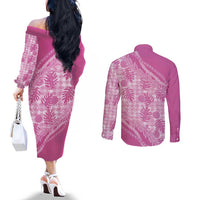 Hawaii Breadfruit Palaka Couples Matching Off The Shoulder Long Sleeve Dress and Long Sleeve Button Shirt Omaomao Ulaula Maile Lei LT9 - Polynesian Pride
