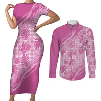 Hawaii Breadfruit Palaka Couples Matching Short Sleeve Bodycon Dress and Long Sleeve Button Shirt Omaomao Ulaula Maile Lei LT9 Pink - Polynesian Pride