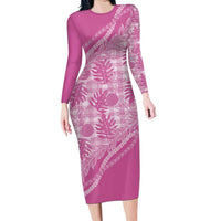 Hawaii Breadfruit Palaka Family Matching Long Sleeve Bodycon Dress and Hawaiian Shirt Omaomao Ulaula Maile Lei LT9 Mom's Dress Pink - Polynesian Pride