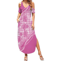 Hawaii Breadfruit Palaka Family Matching Summer Maxi Dress and Hawaiian Shirt Omaomao Ulaula Maile Lei LT9 Mom's Dress Pink - Polynesian Pride