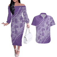 Hawaii Breadfruit Palaka Couples Matching Off The Shoulder Long Sleeve Dress and Hawaiian Shirt Poni Maile Lei LT9 Purple - Polynesian Pride