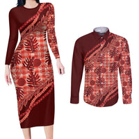 Hawaii Breadfruit Palaka Couples Matching Long Sleeve Bodycon Dress and Long Sleeve Button Shirt Ulaula Maile Lei - Polynesian Pride