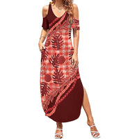 Hawaii Breadfruit Palaka Family Matching Summer Maxi Dress and Hawaiian Shirt Ulaula Maile Lei LT9 Mom's Dress Red - Polynesian Pride