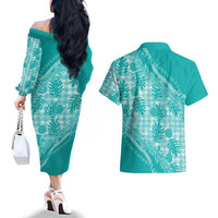 Hawaii Breadfruit Palaka Couples Matching Off The Shoulder Long Sleeve Dress and Hawaiian Shirt Polu Opal Maile Lei LT9 - Polynesian Pride