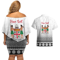 Fiji Heart Tribal Personalised Couples Matching Off Shoulder Short Dress and Hawaiian Shirt Polynesian Patterns