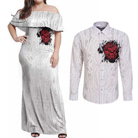 New Zealand Maori Heart Tribal Personalised Couples Matching Off Shoulder Maxi Dress and Long Sleeve Button Shirt Polynesian Patterns LT9 White - Polynesian Pride