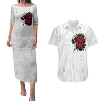 New Zealand Maori Heart Tribal Personalised Couples Matching Puletasi and Hawaiian Shirt Polynesian Patterns LT9 White - Polynesian Pride