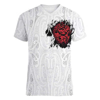 New Zealand Maori Heart Tribal Personalised Women V-Neck T-Shirt Polynesian Patterns LT9 Female White - Polynesian Pride