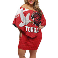 Tonga Heart Tribal Personalised Family Matching Off Shoulder Short Dress and Hawaiian Shirt Polynesian Patterns LT9 Mom's Dress Red - Polynesian Pride