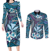 Personalised Hawaii Tribal Humpback Whale Couples Matching Long Sleeve Bodycon Dress and Long Sleeve Button Shirt Polu Hibiscus Seamless Pattern LT9 Blue - Polynesian Pride