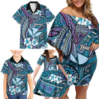 Personalised Hawaii Tribal Humpback Whale Family Matching Off Shoulder Short Dress and Hawaiian Shirt Polu Hibiscus Seamless Pattern LT9 - Polynesian Pride