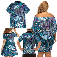 Personalised Hawaii Tribal Humpback Whale Family Matching Off Shoulder Short Dress and Hawaiian Shirt Polu Hibiscus Seamless Pattern LT9 - Polynesian Pride