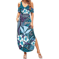 Personalised Hawaii Tribal Humpback Whale Family Matching Summer Maxi Dress and Hawaiian Shirt Polu Hibiscus Seamless Pattern LT9 Mom's Dress Blue - Polynesian Pride