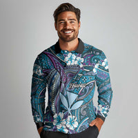 Personalised Hawaii Tribal Humpback Whale Long Sleeve Polo Shirt Polu Hibiscus Seamless Pattern