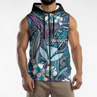 Personalised Hawaii Tribal Humpback Whale Sleeveless Zip Hoodie Polu Hibiscus Seamless Pattern