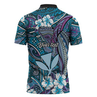 Personalised Hawaii Tribal Humpback Whale Zipper Polo Shirt Polu Hibiscus Seamless Pattern