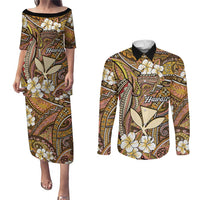 Personalised Hawaii Tribal Humpback Whale Couples Matching Puletasi and Long Sleeve Button Shirt Melemele Hibiscus Seamless Pattern