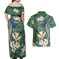 Personalised Hawaii Tribal Humpback Whale Couples Matching Off Shoulder Maxi Dress and Hawaiian Shirt Omaomao Hibiscus Seamless Pattern LT9 - Polynesian Pride