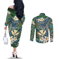 Personalised Hawaii Tribal Humpback Whale Couples Matching Off The Shoulder Long Sleeve Dress and Long Sleeve Button Shirt Omaomao Hibiscus Seamless Pattern LT9 - Polynesian Pride