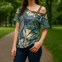 Personalised Hawaii Tribal Humpback Whale Cross Shoulder Shirt Omaomao Hibiscus Seamless Pattern