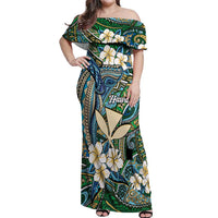 Personalised Hawaii Tribal Humpback Whale Off Shoulder Maxi Dress Omaomao Hibiscus Seamless Pattern