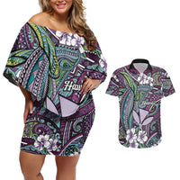Personalised Hawaii Tribal Humpback Whale Couples Matching Off Shoulder Short Dress and Hawaiian Shirt Poni Hibiscus Seamless Pattern LT9 Purple - Polynesian Pride