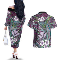 Personalised Hawaii Tribal Humpback Whale Couples Matching Off The Shoulder Long Sleeve Dress and Hawaiian Shirt Poni Hibiscus Seamless Pattern LT9 - Polynesian Pride