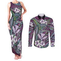 Personalised Hawaii Tribal Humpback Whale Couples Matching Tank Maxi Dress and Long Sleeve Button Shirt Poni Hibiscus Seamless Pattern