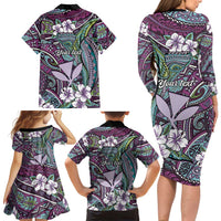 Personalised Hawaii Tribal Humpback Whale Family Matching Long Sleeve Bodycon Dress and Hawaiian Shirt Poni Hibiscus Seamless Pattern LT9 - Polynesian Pride