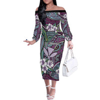 Personalised Hawaii Tribal Humpback Whale Family Matching Off The Shoulder Long Sleeve Dress and Hawaiian Shirt Poni Hibiscus Seamless Pattern LT9 Mom's Dress Purple - Polynesian Pride