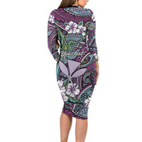 Personalised Hawaii Tribal Humpback Whale Long Sleeve Bodycon Dress Poni Hibiscus Seamless Pattern