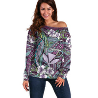 Personalised Hawaii Tribal Humpback Whale Off Shoulder Sweater Poni Hibiscus Seamless Pattern