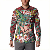 Personalised Hawaii Tribal Humpback Whale Button Sweatshirt Ulaula Hibiscus Seamless Pattern