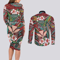 Personalised Hawaii Tribal Humpback Whale Couples Matching Long Sleeve Bodycon Dress and Long Sleeve Button Shirt Ulaula Hibiscus Seamless Pattern LT9 - Polynesian Pride