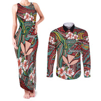 Personalised Hawaii Tribal Humpback Whale Couples Matching Tank Maxi Dress and Long Sleeve Button Shirt Ulaula Hibiscus Seamless Pattern