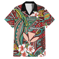 Personalised Hawaii Tribal Humpback Whale Family Matching Puletasi and Hawaiian Shirt Ulaula Hibiscus Seamless Pattern LT9 Dad's Shirt - Short Sleeve Red - Polynesian Pride