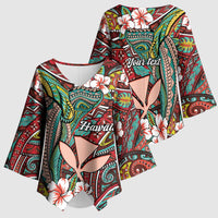 Personalised Hawaii Tribal Humpback Whale Kimono Sleeve Blouse Ulaula Hibiscus Seamless Pattern