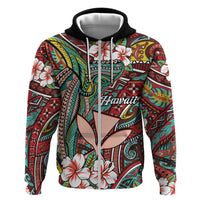 Personalised Hawaii Tribal Humpback Whale Zip Hoodie Ulaula Hibiscus Seamless Pattern