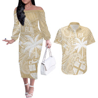 Custom Indo Fijians Couples Matching Off The Shoulder Long Sleeve Dress and Hawaiian Shirt Fiji ke Hindustani Polyneisan Paisley Beige Style LT9 Beige - Polynesian Pride