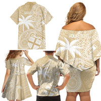 Custom Indo Fijians Family Matching Off Shoulder Short Dress and Hawaiian Shirt Fiji ke Hindustani Polyneisan Paisley Beige Style LT9 - Polynesian Pride