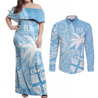 Custom Indo Fijians Couples Matching Off Shoulder Maxi Dress and Long Sleeve Button Shirt Fiji ke Hindustani Polyneisan Paisley Blue Style LT9 Blue - Polynesian Pride