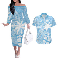 Custom Indo Fijians Couples Matching Off The Shoulder Long Sleeve Dress and Hawaiian Shirt Fiji ke Hindustani Polyneisan Paisley Blue Style LT9 Blue - Polynesian Pride