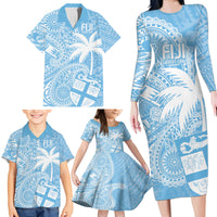 Custom Indo Fijians Family Matching Long Sleeve Bodycon Dress and Hawaiian Shirt Fiji ke Hindustani Polyneisan Paisley Blue Style LT9 - Polynesian Pride
