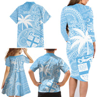 Custom Indo Fijians Family Matching Long Sleeve Bodycon Dress and Hawaiian Shirt Fiji ke Hindustani Polyneisan Paisley Blue Style LT9 - Polynesian Pride