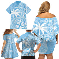 Custom Indo Fijians Family Matching Off Shoulder Short Dress and Hawaiian Shirt Fiji ke Hindustani Polyneisan Paisley Blue Style LT9 - Polynesian Pride