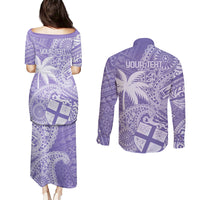 Custom Indo Fijians Couples Matching Puletasi and Long Sleeve Button Shirt Fiji ke Hindustani Polyneisan Paisley Purple Style LT9 - Polynesian Pride