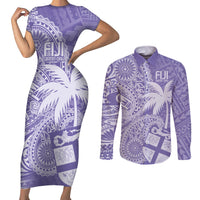 Custom Indo Fijians Couples Matching Short Sleeve Bodycon Dress and Long Sleeve Button Shirt Fiji ke Hindustani Polyneisan Paisley Purple Style LT9 Purple - Polynesian Pride