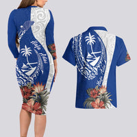 Blue Guam Hafa Adai Couples Matching Long Sleeve Bodycon Dress and Hawaiian Shirt Tropical Flowers with Polynesian Pattern LT9 - Polynesian Pride