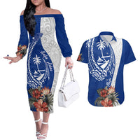 Blue Guam Hafa Adai Couples Matching Off The Shoulder Long Sleeve Dress and Hawaiian Shirt Tropical Flowers with Polynesian Pattern LT9 Blue - Polynesian Pride